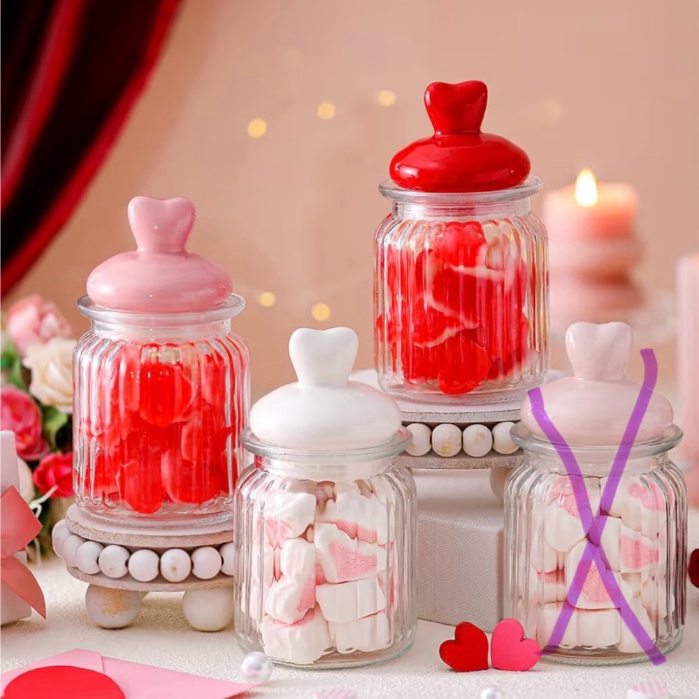 Heart-Shaped Lid Glass Jar choices are ..Red, Pink, White